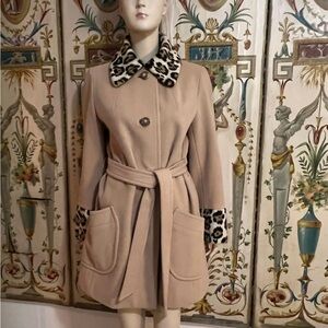 FashionBilt Casuals Label 100% Wool Coat with Leopard Print Trim.